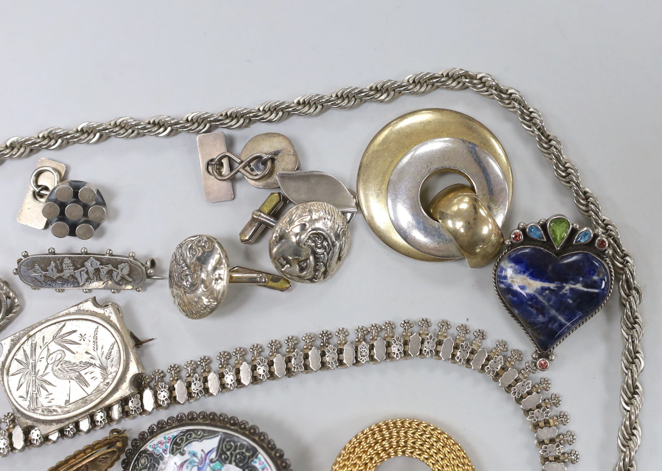 Sundry jewellery including a pair of 925 cufflinks, a Christian Dior two colour pendant?, Victorian silver brooch and sterling brooches including D.M. Lee.